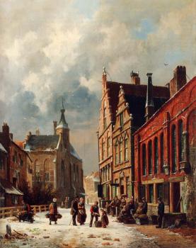 Adrianus Eversen : A View In A Town In Winter
